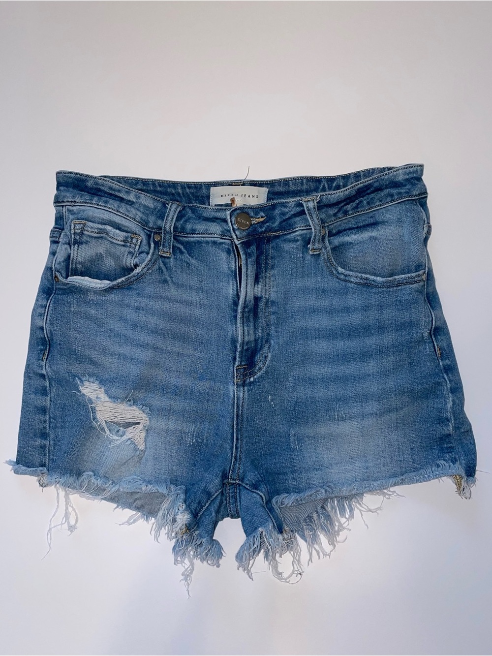 Risen High Rise Distressed Denim Shorts Frayed Hem Medium Wash Sz L